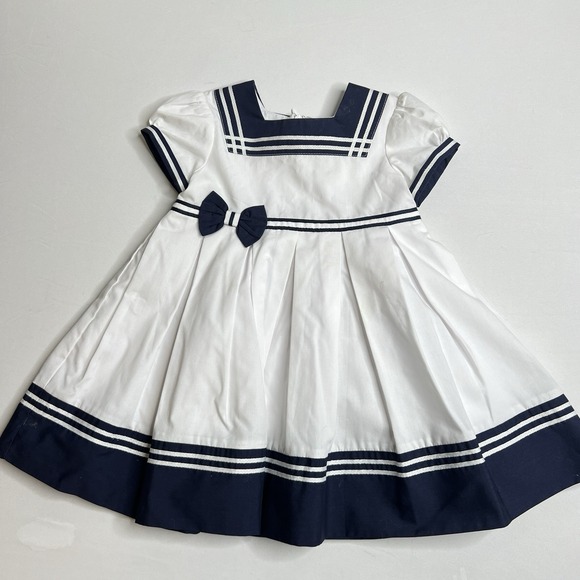 SARAH LOUISE England White Navy Coastal Beach Sailor Holiday Dress 12 Months - Picture 1 of 9